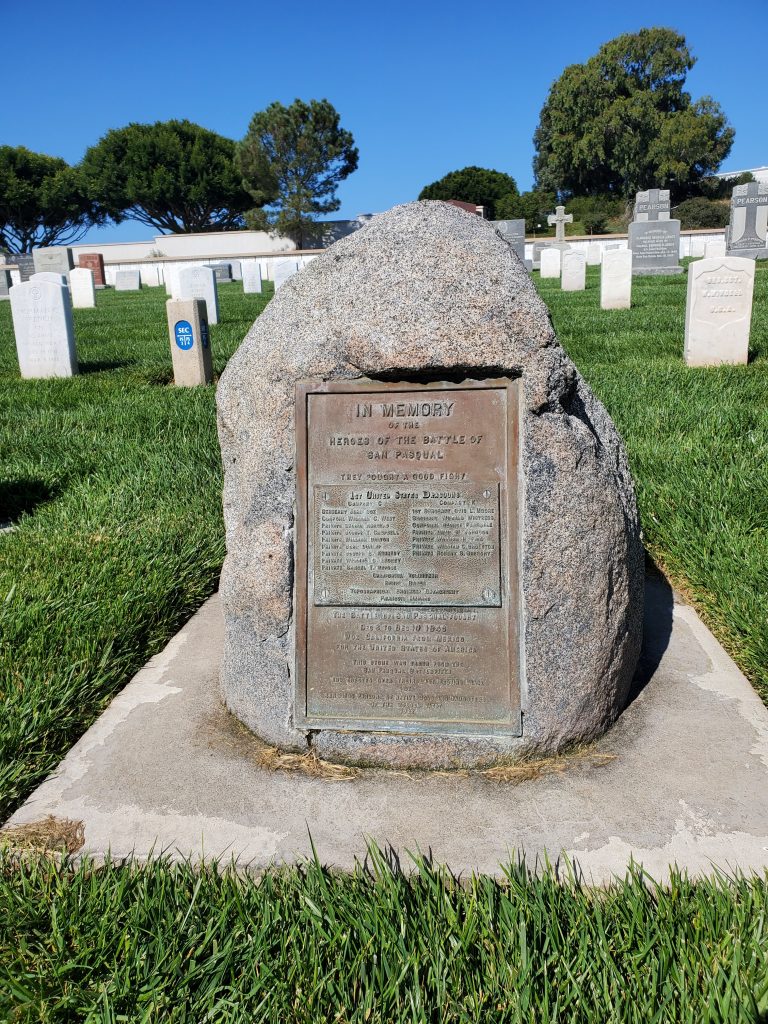View of the memorial marker honoring the 1st United States Dragoons soldiers that died in the battle at San Pasqual in San Diego County in 1846