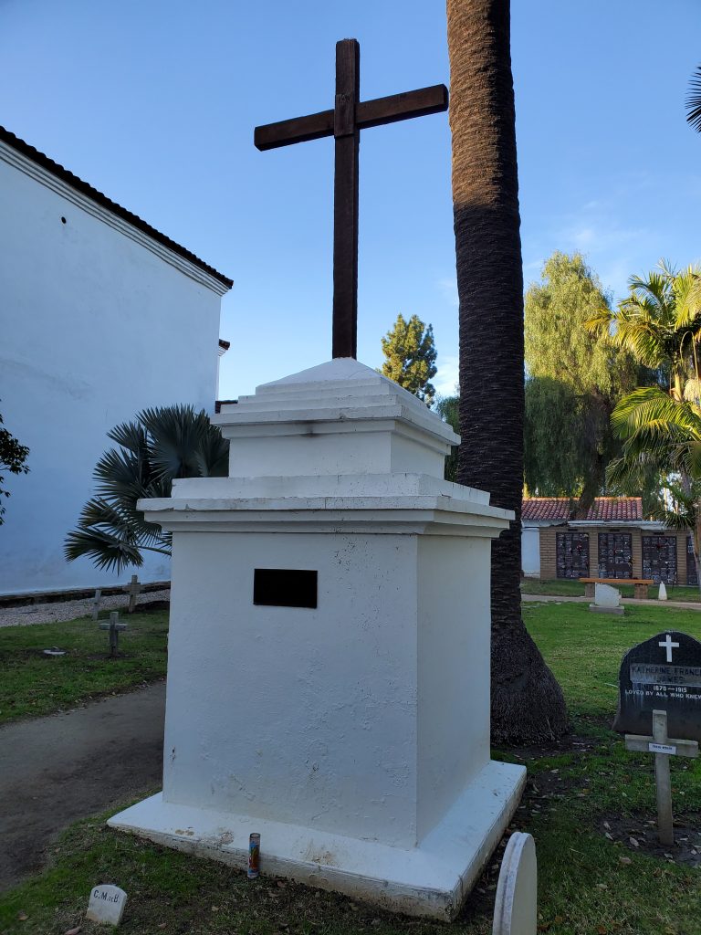 View of the "front" of the "Indian Memorial" in the graveyard at Mission San Luis Rey in Oceanside, California