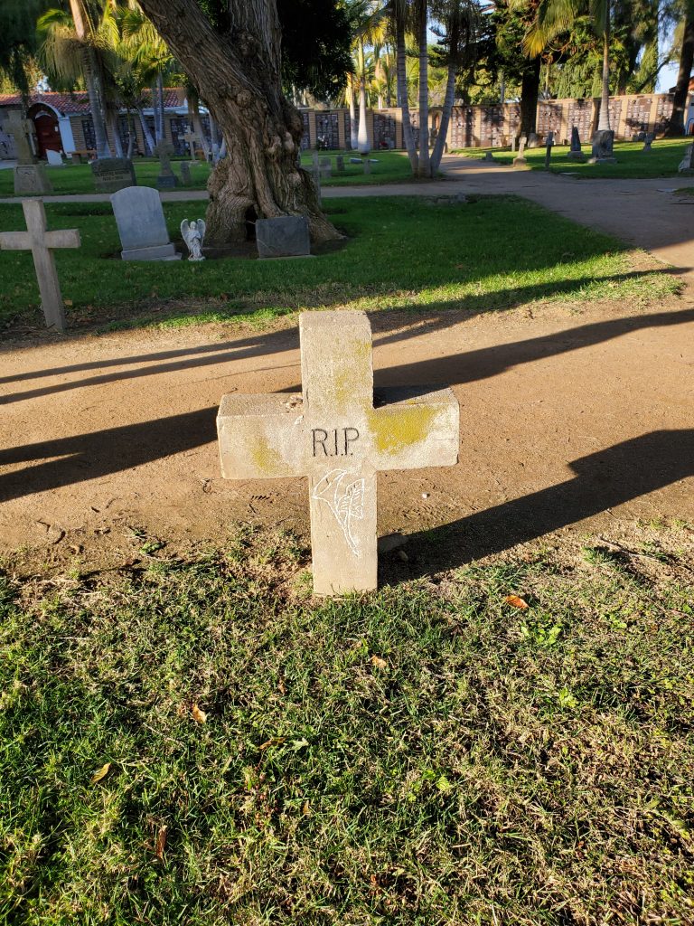 Photo of a cross-shaped gravestone engraved with the letters R.I.P., in the graveyard at Mission San Luis Rey, Oceanside, California.
R.I.P. is often seen in U.S. cemetery history, but the trivia quiz asks you what R.I.P. actually stands for!