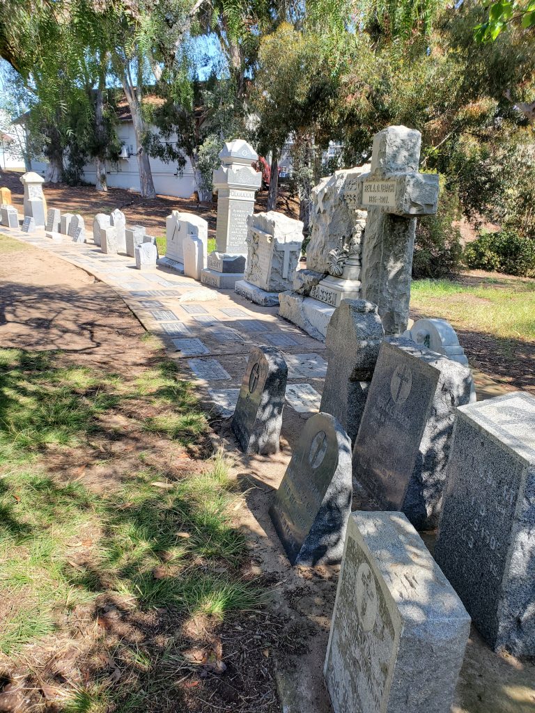 View of the "display" of headstones in the Southeast corner of Mission Hills Community Park, San Diego