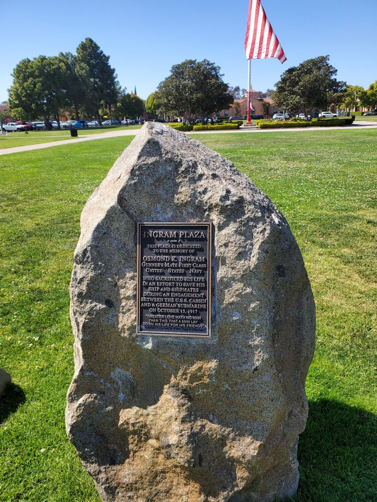 View of the cenotaph honoring U.S. Navy Machinist Mate Osmond Ingram in Ingram Plaza at Liberty Station, San Diego