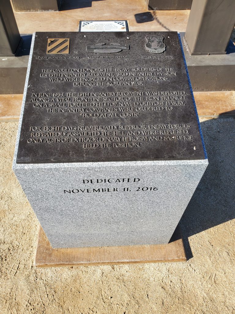 My photo of the plaque near the base of the Carillon bell tower, taken during my visit to Miramar National Cemetery in San Diego
The Carillon is dedicated to U.S. Army soldiers involved in a combat operation in Korea