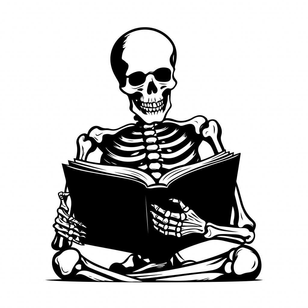 Black and white sketch of a skeleton sitting down reading a book